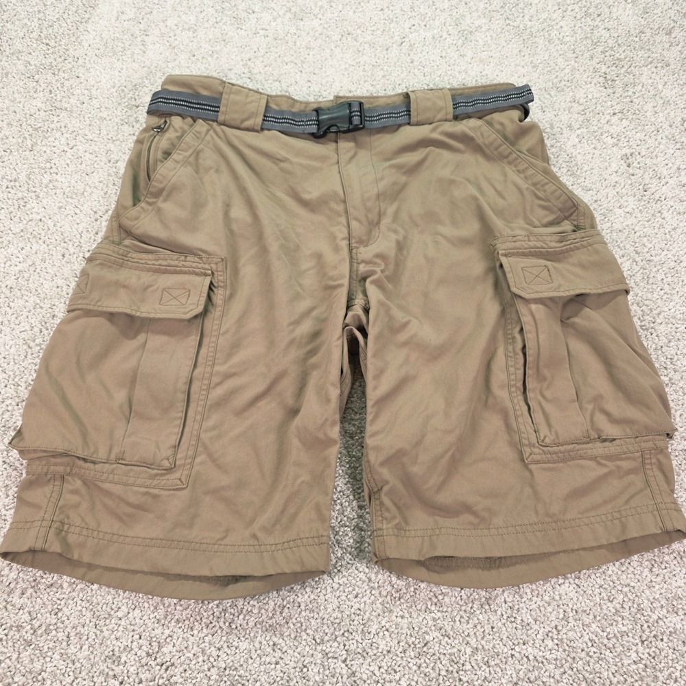 Duluth Trading Co Mens Khaki Cargo Shorts With Built In Belt Tan Cotton Size‎ L